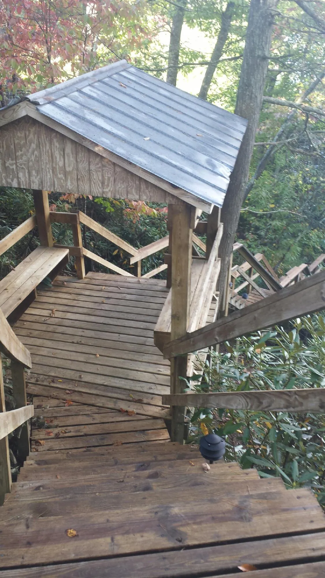 Metal roofed shelter over wooden steps on a wooded walkway — Skylight Repair & Installation work by our crew in Wallis